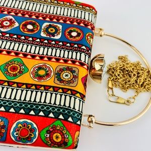 Multicolor Clutch Bag Purse Gold Attached Handle Wrist Crossbody